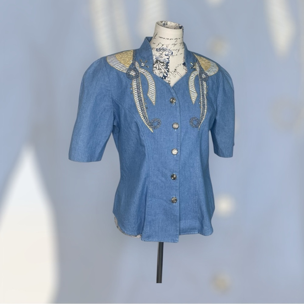 Vintage Blue Denim Button-Up Shirt with Gold Embellishments -10 - Picture 5 of 9